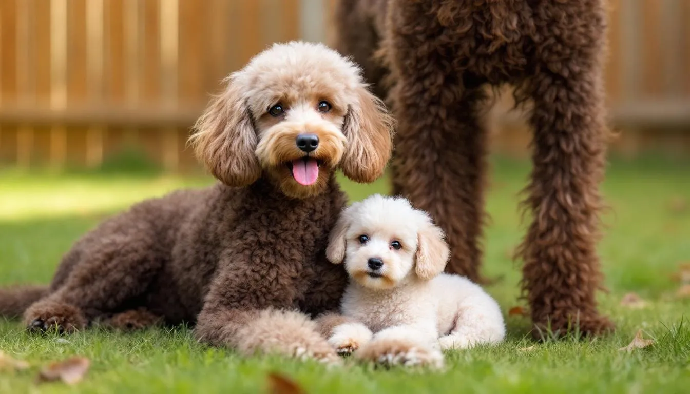 A small toy poodle sits next to a larger standard poodle, clearly illustrating the dramatic size difference between these two poodle varieties. The toy poodle