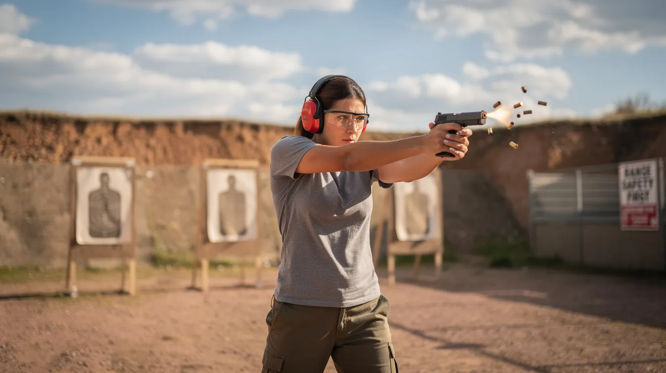 A person is practicing at an outdoor shooting range, wearing ear protection and safety glasses, while handling a firearm. This scene highlights the importance of adhering to gun laws and safety regulations for responsible gun owners.