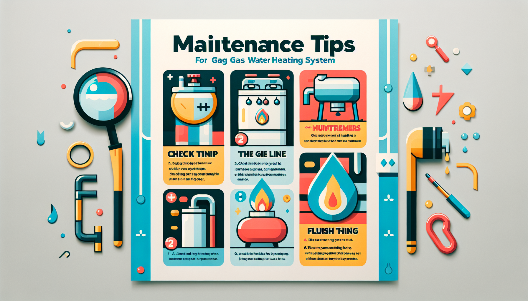 An illustration showing maintenance tips for gas water heating systems.