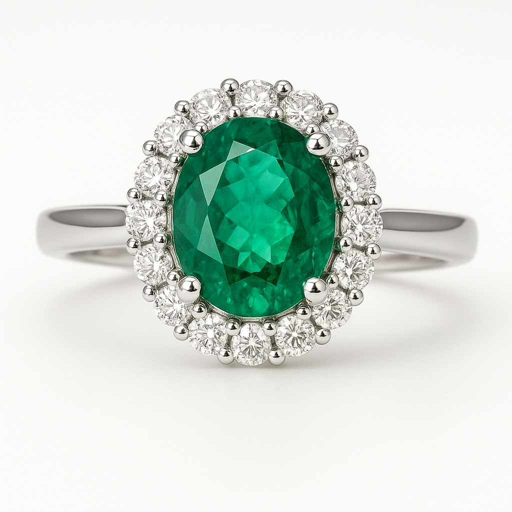 Sužadėtuvių žiedas su smaragdu ir deimantais