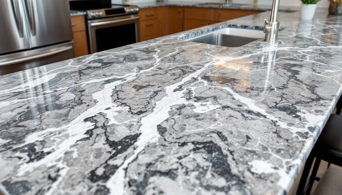 The image features a stunning granite countertop showcasing intricate natural stone patterns and textures, highlighting its unique beauty and durability as a popular kitchen countertop material. This granite countertop exemplifies the elegance and functionality that can enhance any kitchen design.