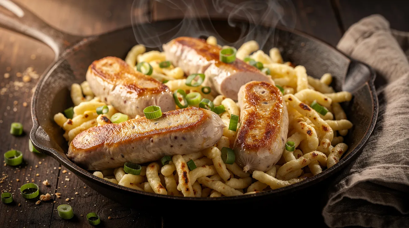 In einer gusseisernen Pfanne sind goldbraun gebratene Stücke von Weißwurst zusammen mit Spätzle und frischen Frühlingszwiebeln angerichtet. Dieses bayerische Gericht bietet eine köstliche Kombination aus Röstaromen und würzigen Zutaten, perfekt für ein traditionelles Weißwurstfrühstück.
