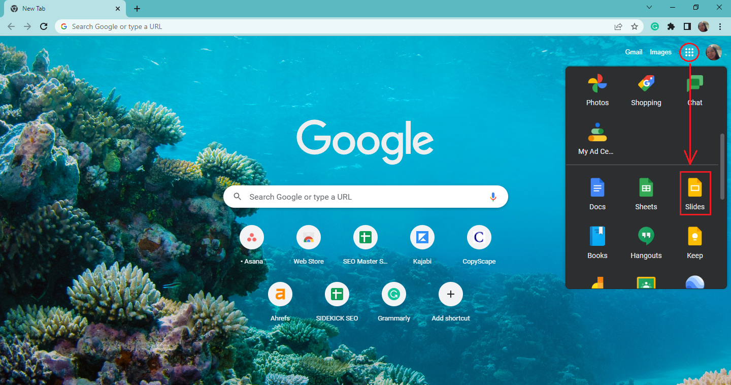 Open Google Chrome tab, select the Google App button and click Google Slides