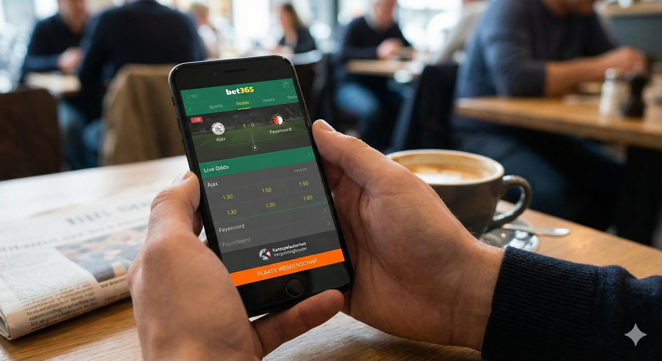 Man plaatst live sportweddenschap op smartphone in café.