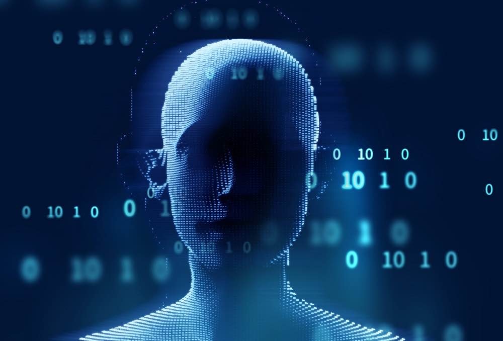 A digital illustration of an AI face with digital numbers. 