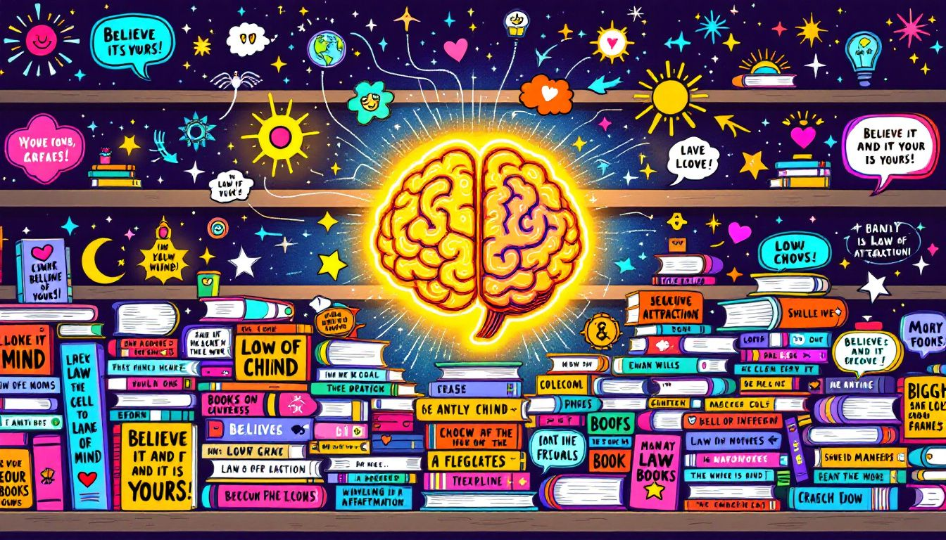 e1f58238 182c 4ca8 8777 709071e74b01 A collection of books about law of attraction displayed on a shelf.