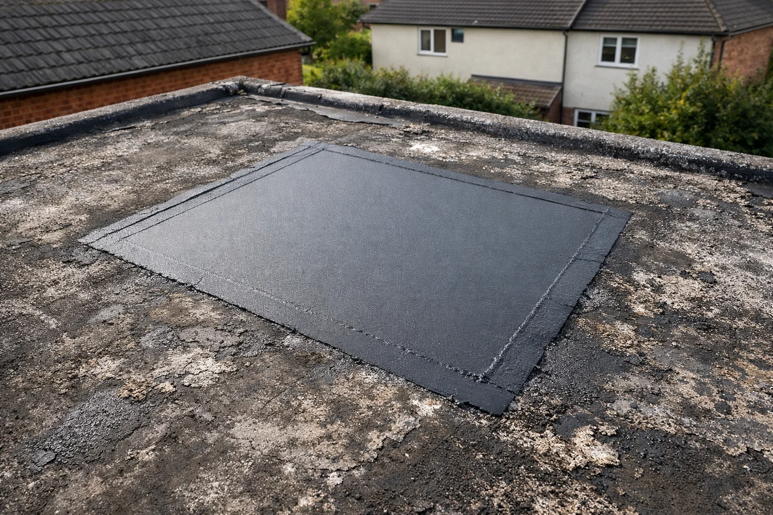 Flat roof showing repaired section alongside older worn roofing material