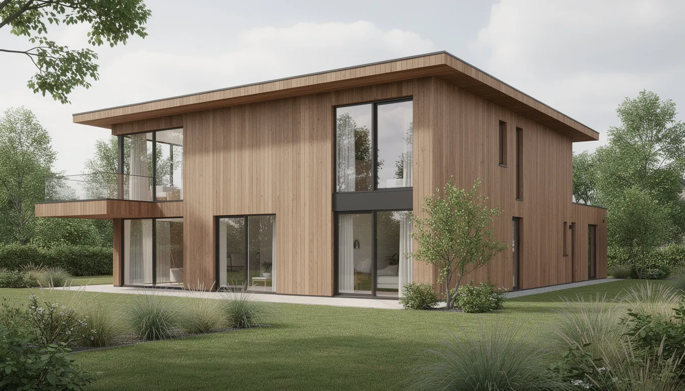 Een modern vrijstaand huis met verticale houten gevelbekleding in natuurlijke bruine tinten, omringd door groene planten en bomen. De gevel is gemaakt van thermisch gemodificeerd hout, wat zorgt voor een strakke uitstraling en een lange levensduur.