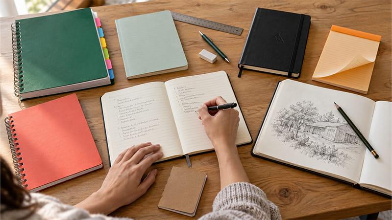 Eight notebook formats for note-taking, school, journaling, drawing, pocket notes, and removable pages arranged on a real workspace.
