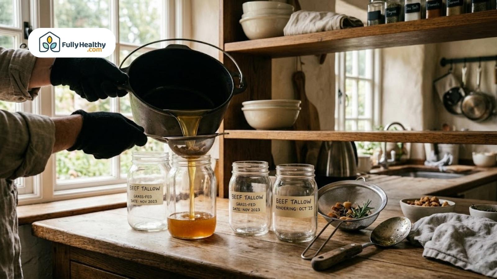 Pouring melted beef tallow through strainer into jars in rustic kitchen