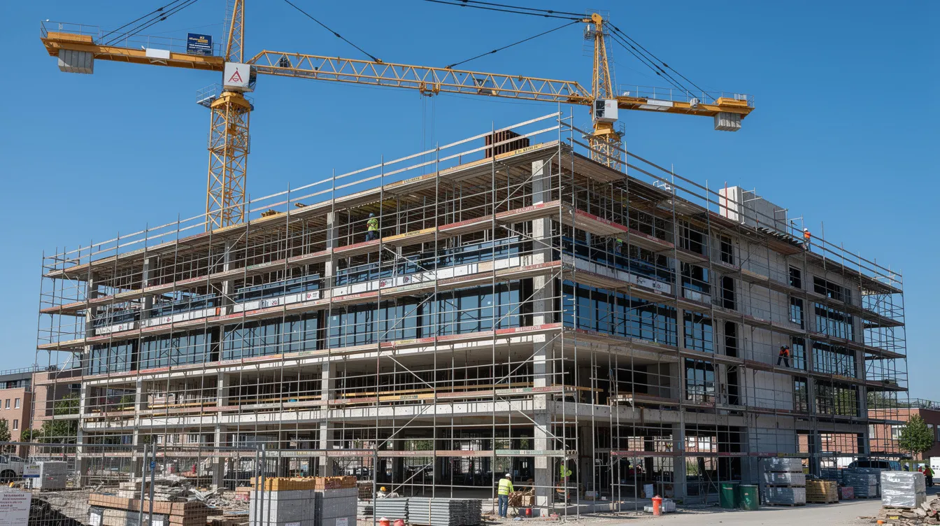 The image depicts a commercial building under construction, featuring scaffolding and cranes set against a clear blue sky. This project is likely part of the hospitality sector, highlighting the importance of a strong business plan and potential hotel financing options for future hotel owners.