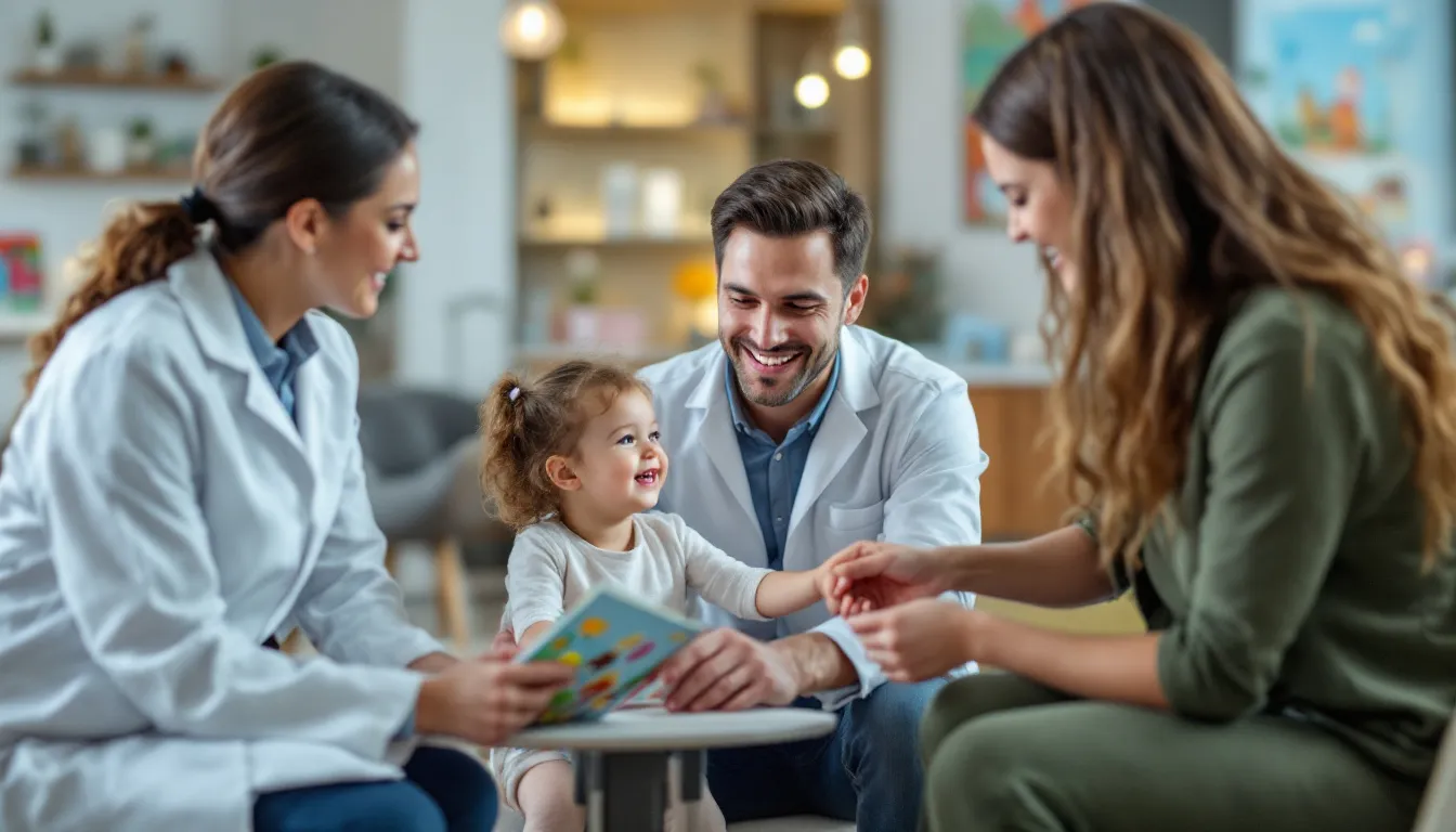 In the image, a caring pediatric dentist is shown interacting with a young patient in a colorful and inviting dental office, creating a supportive environment that promotes children's comfort during their dental visit. The dentist, who is board-certified, is focused on ensuring a positive experience for the child while emphasizing the importance of maintaining excellent oral health.