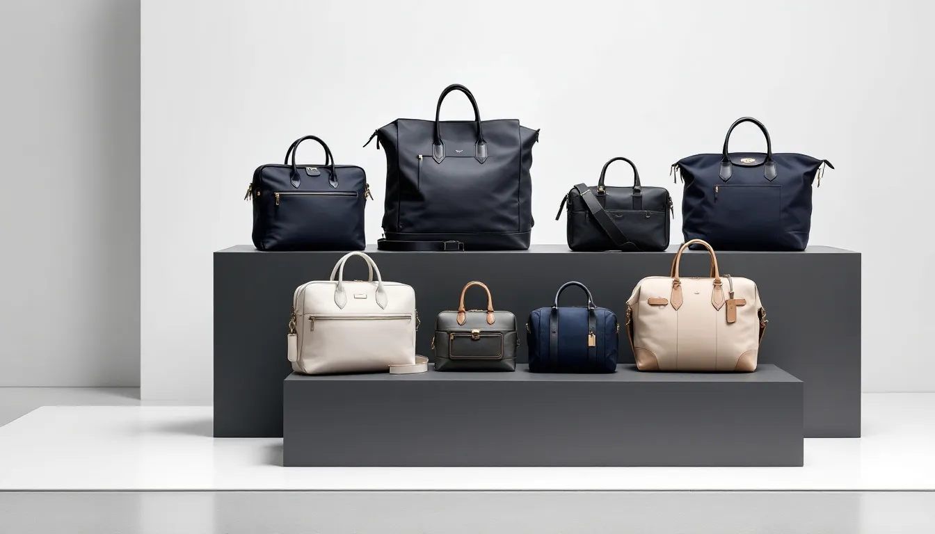 A variety of conference bags displayed at a trade show.