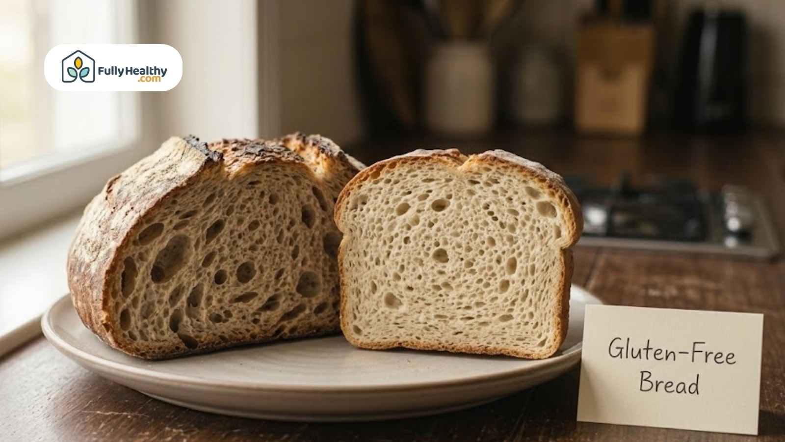 Sourdough and gluten-free bread slices displayed side by side