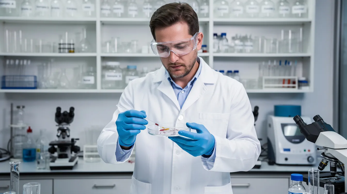 A researcher in a laboratory is examining samples related to hair health, focusing on aspects such as hair follicles and hair growth cycles. The professional setting highlights the importance of scientific investigation into promoting hair growth and addressing concerns like hair thinning and hair loss.