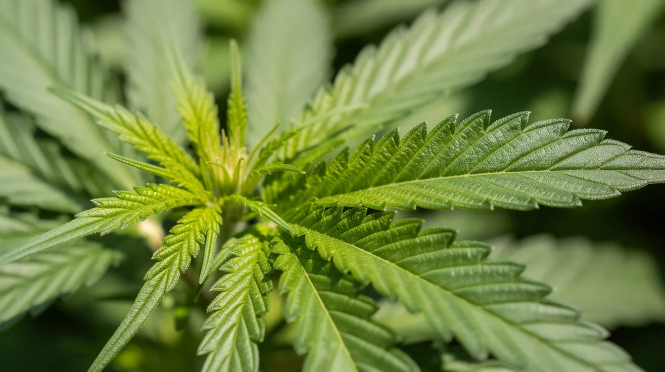 Primer plano de hojas de cannabis verdes y sanas que muestran un crecimiento vigoroso. Estas hojas son señal de un aporte óptimo de nutrientes y de una fertilización adecuada de las plantas de cannabis.