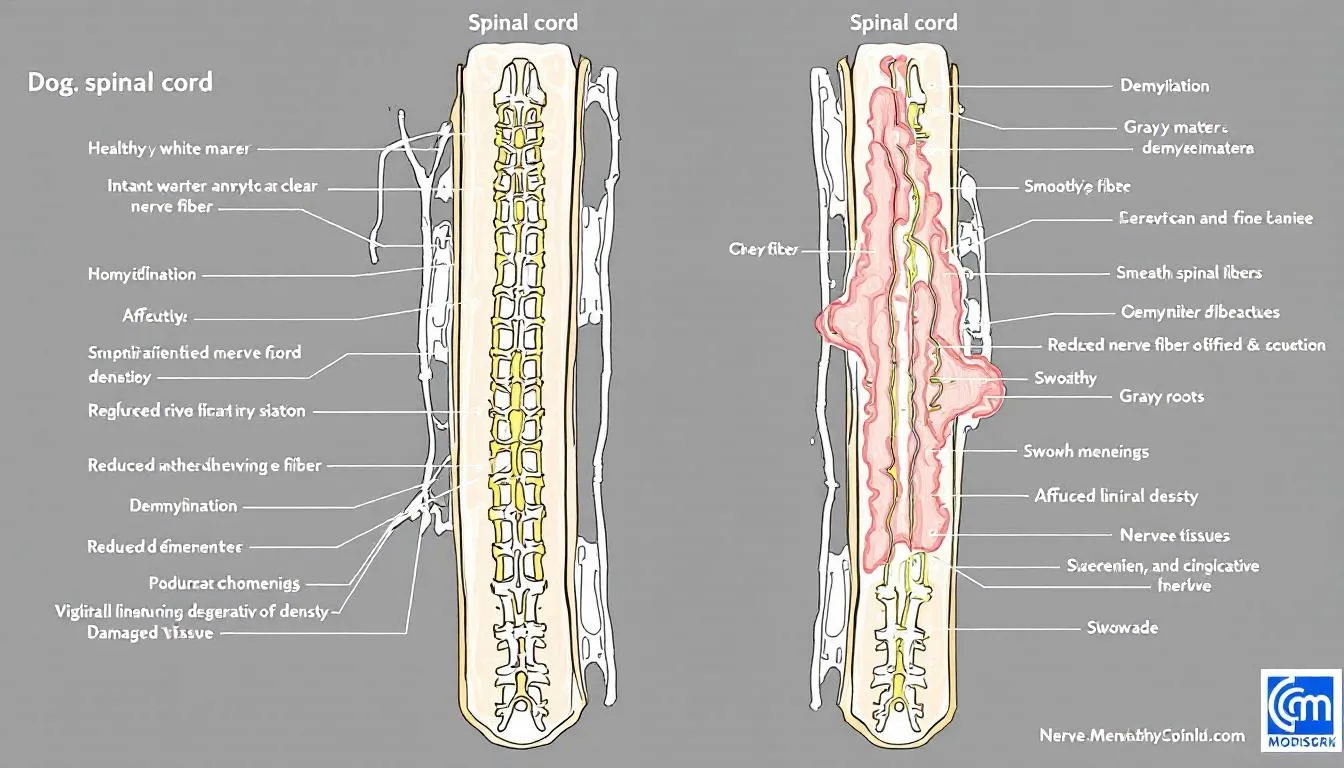An anatomical illustration compares a healthy spinal cord with one affected by degenerative myelopathy in dogs, highlighting the differences in structure and function. The image emphasizes the progressive nature of this disease, which leads to symptoms such as muscle atrophy and hind limb weakness in affected dogs.