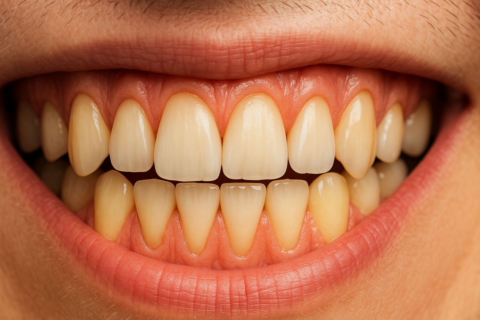 Tannkjøttet Trekker Seg Tilbake: Smil Med Lengre Tenner? 12 Tilbaketrukket tannkjøtt synlig rundt tennene i nærbilde, som gir inntrykk av lengre tenner ved smil.