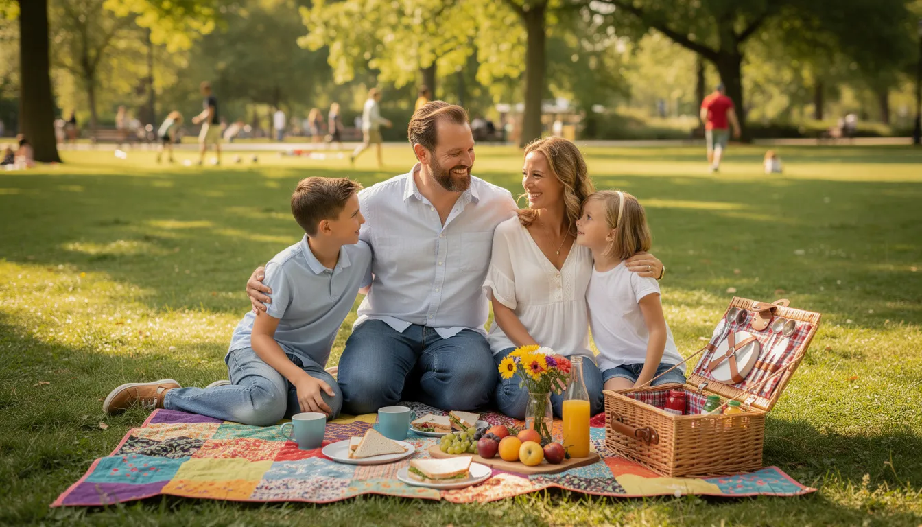 A family is enjoying a sunny day at the park, sitting on a vibrant picnic blanket surrounded by various picnic supplies. The scene captures their outdoor adventure, showcasing the joy of spending time together on a beautiful day.