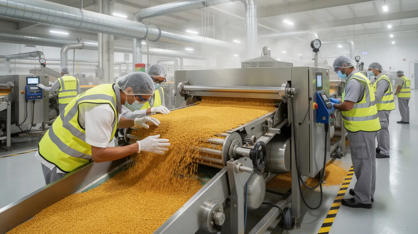 The image shows workers inspecting processed golden-coloured dal as it flows through industrial grading equipment in a dal mill plant. The setting highlights the operation of a fully automatic dal mill, emphasizing the stages of dal processing and quality control in the production capacity of pulses.
