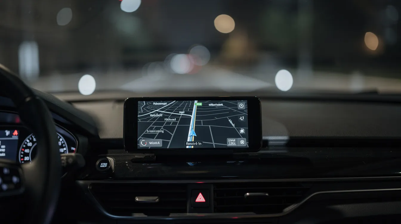 A smartphone mounted on a car dashboard displays a navigation map illuminated in the dark, indicating the route for a rideshare driver. This setup is essential for navigating safely, especially in busy areas like downtown Albuquerque, where rideshare accidents can occur.