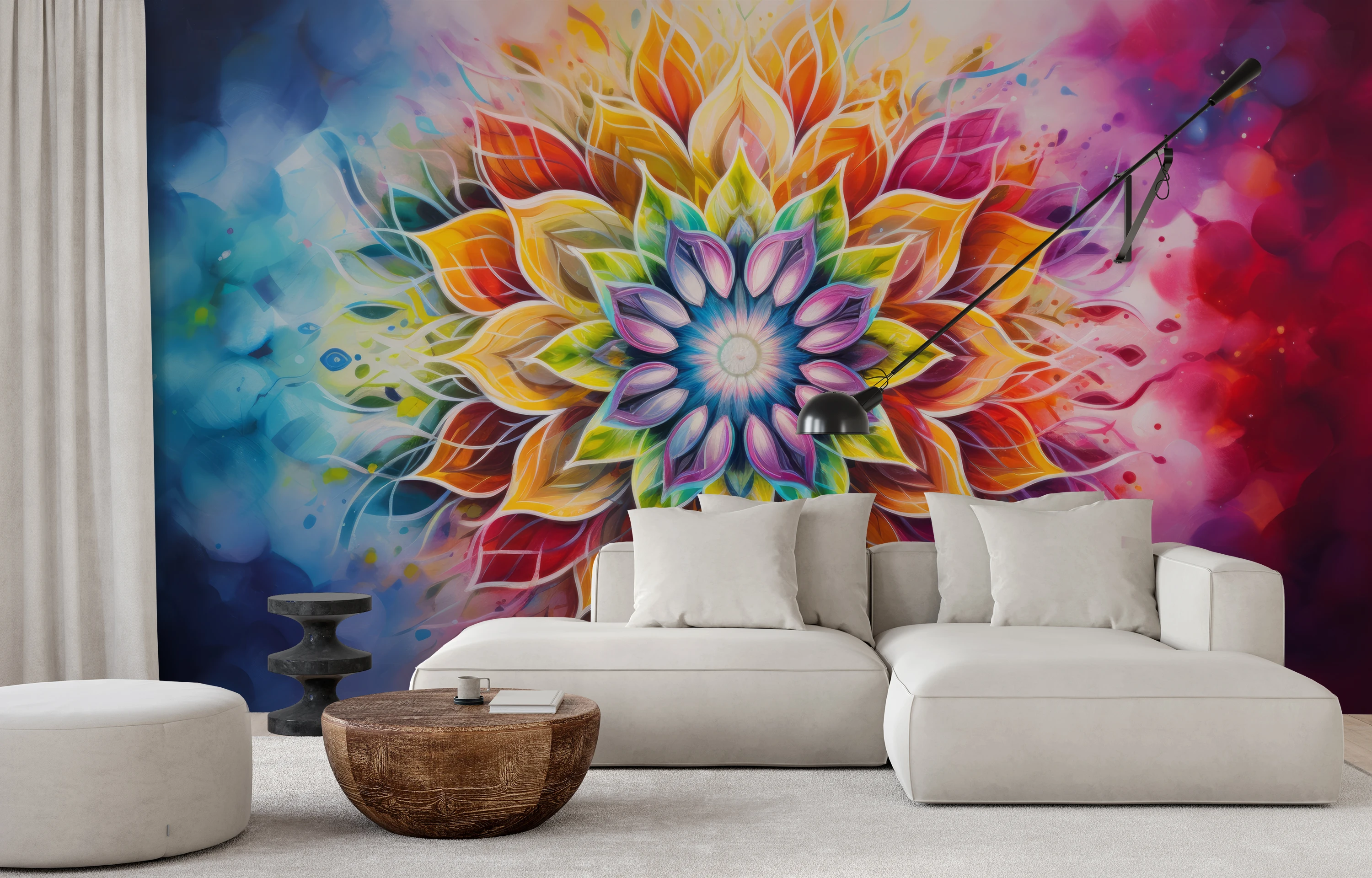 An energetic mandala with intense shades of purple, yellow and pink, expressing passion and spiritual vitality.