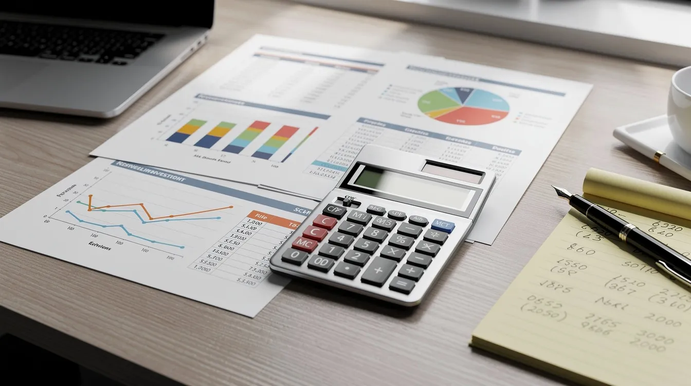 The image shows a professional desk cluttered with financial planning documents, a calculator, and various charts, indicating a thorough analysis of costs and projections, possibly related to a ghee manufacturing plant or business plan. The materials suggest a focus on project financials and market research within the food processing industry.