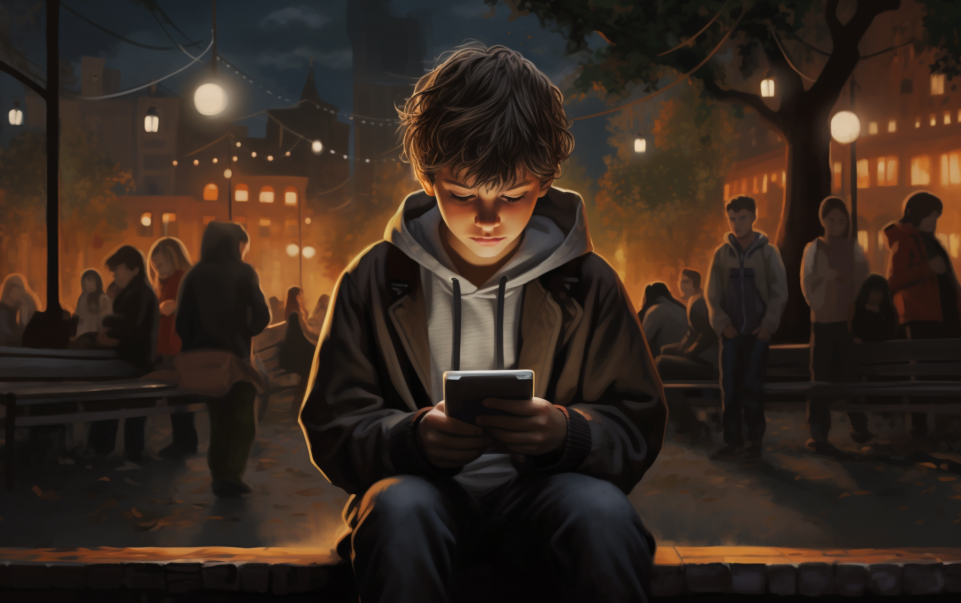 Role of Society - child sitting alone on a park bench, surrounded by a bustling playground