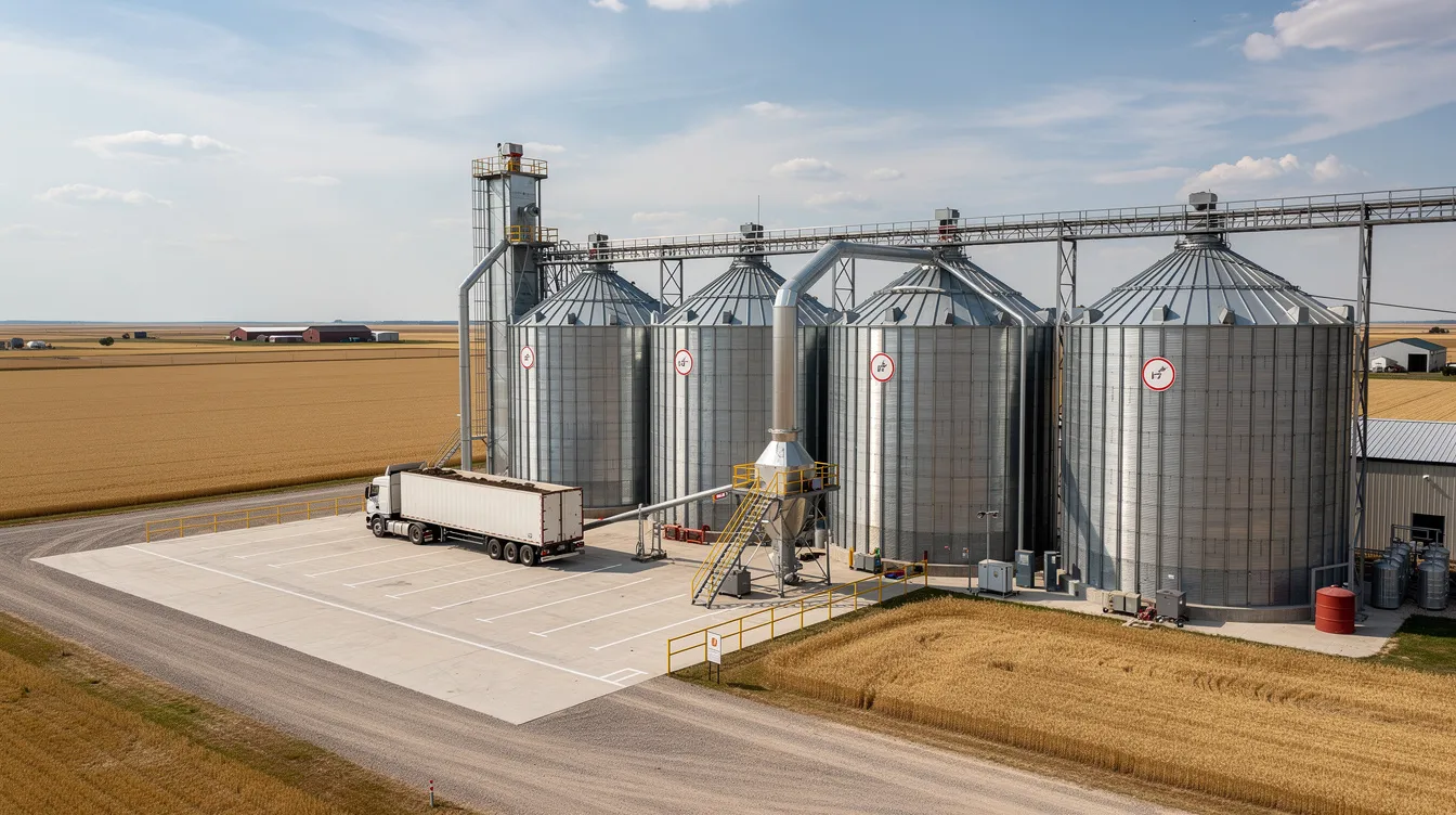 e201b57e 7f52 4494 8287 5d6c066210b0 The image depicts an industrial wheat grain storage facility featuring large metal silos and a loading area, set against a rural backdrop. This facility plays a vital role in the flour milling industry, ensuring efficient wheat procurement and storage for flour production.