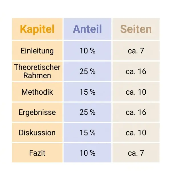 Beispiel für die Verteilung der Kapitel einer Masterarbeit nach Prozent und Seitenzahl