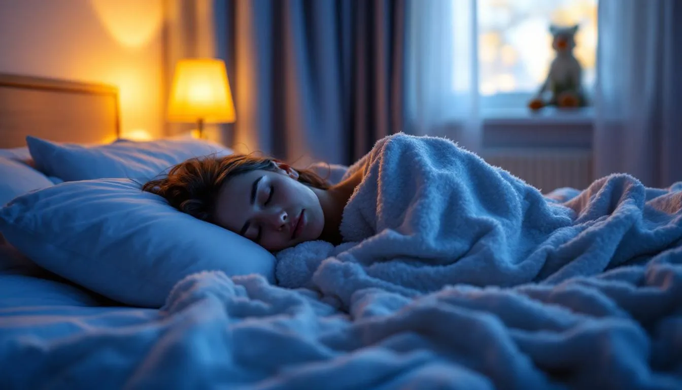 A peaceful person is sleeping soundly in a comfortable bed, surrounded by soft lighting that creates a calming atmosphere, promoting improved sleep quality. This serene scene reflects the potential benefits of magnesium supplementation, like magnesium glycinate, which is known for its calming properties and support for restful sleep.