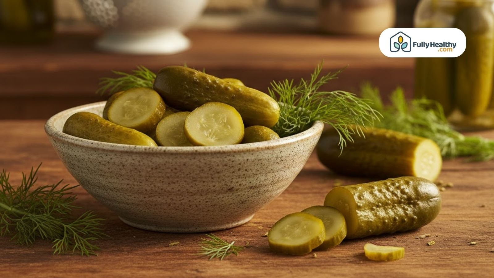 Pickle made from sliced pickled cucumbers with fresh dill in a bowl