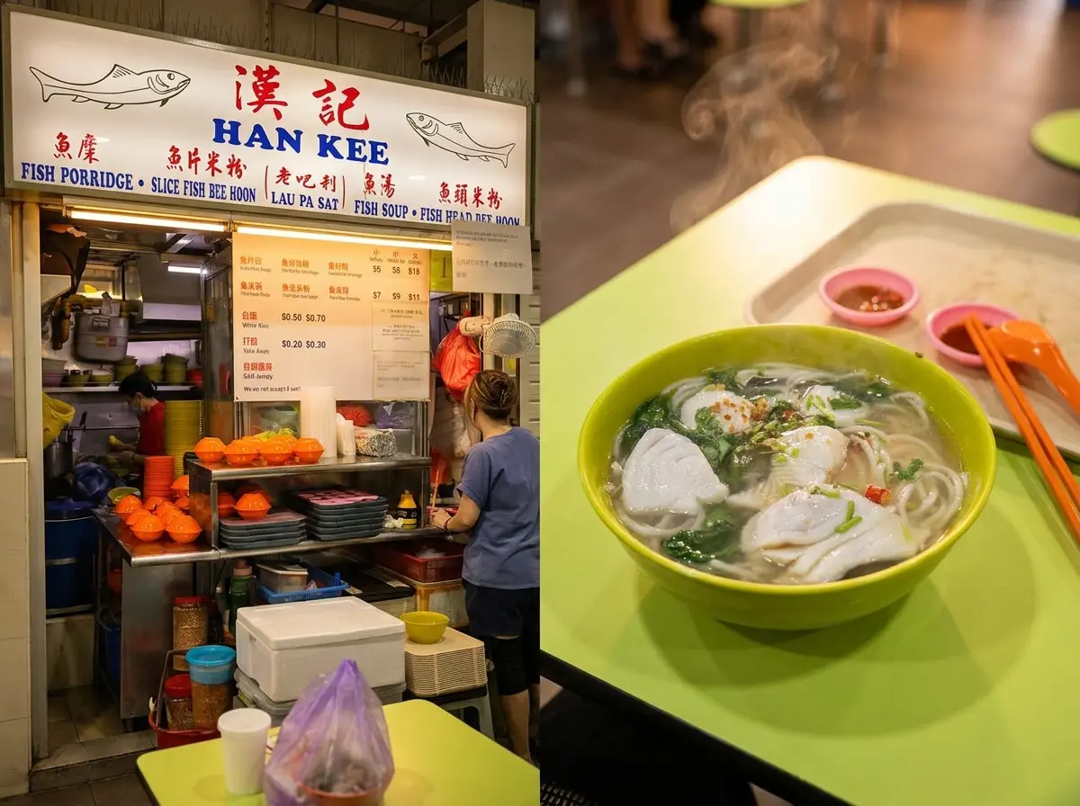 A side-by-side split image showing the "Han Kee" fish soup hawker stall on the left, and a close-up of a steaming bowl of sliced fish bee hoon soup served on a lime green table on the right.