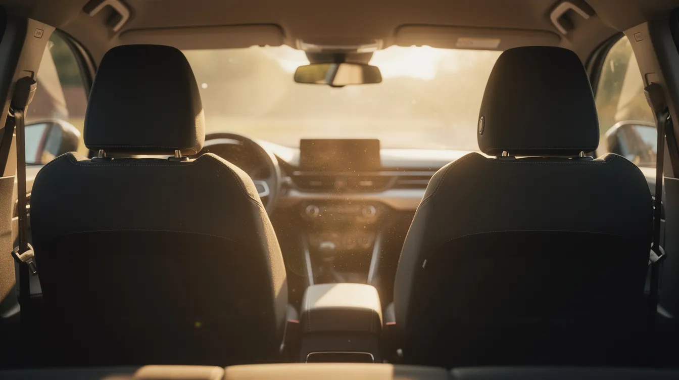 The image shows the interior of a car, where sunlight streams through the windscreen, illuminating dark fabric seats and creating a warm atmosphere. This cozy setting highlights the importance of quality car accessories for enhancing the driving experience, especially during summer road trips with families and kids.