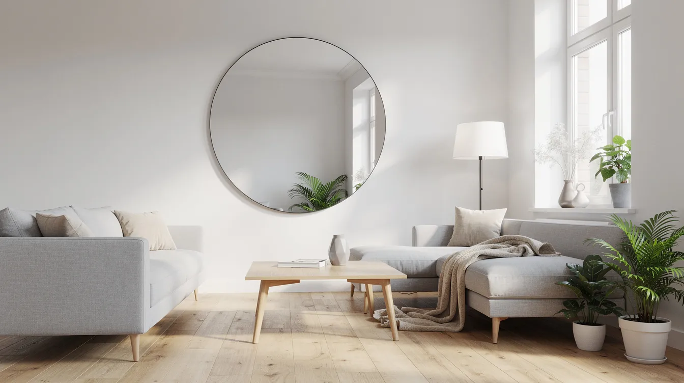 Ett modernt skandinaviskt vardagsrum med en stor rund väggspegel som reflekterar det naturliga ljuset från fönstret. Rummet har en stilren inredning med olika färger och former som skapar en ljus och välkomnande atmosfär.