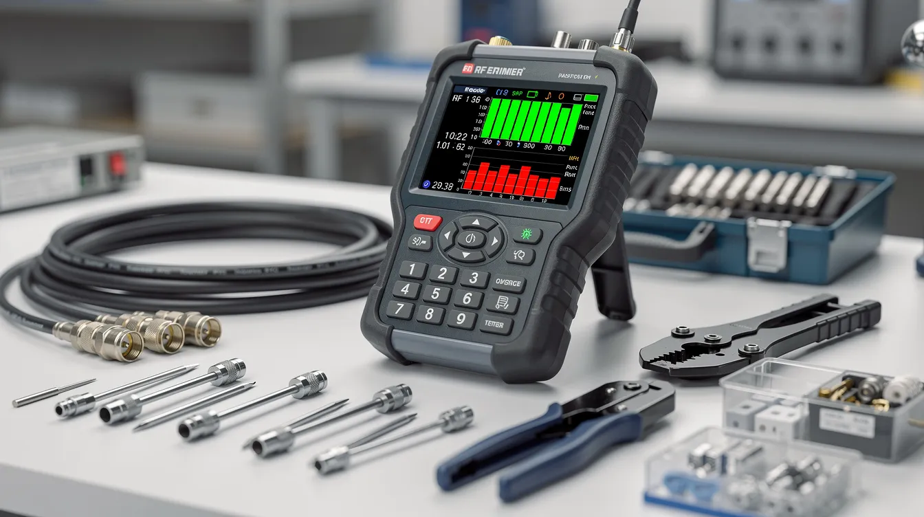 The image shows a close-up of a professional signal meter alongside various installation tools, highlighting the equipment used by skilled technicians for DSTV installation and repairs. This setup is essential for ensuring optimal performance and correcting faulty signals for residential and commercial clients in Strandfontein.