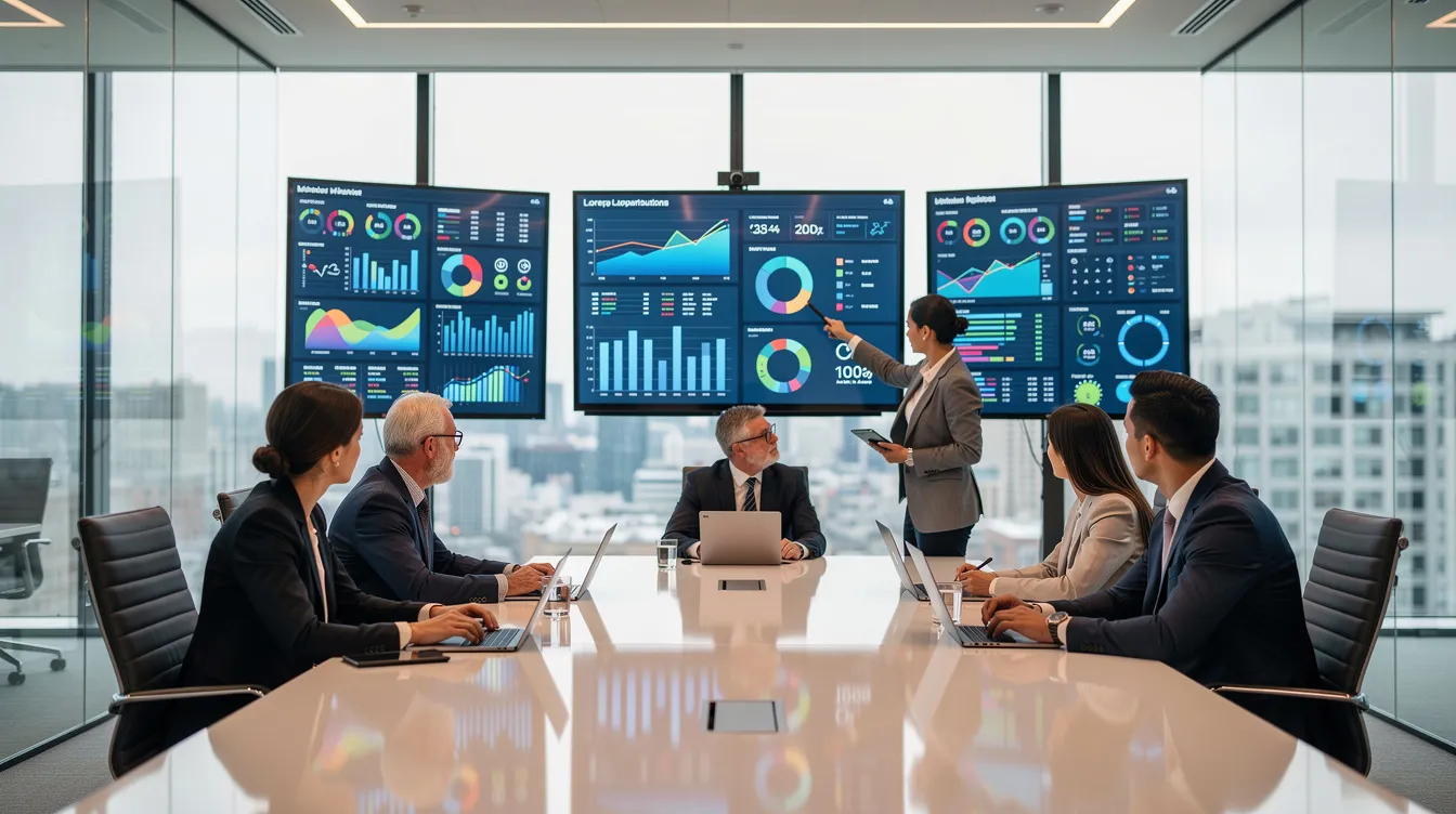Un team di procurement osserva attentamente una dashboard operativa su grandi schermi in una sala riunioni moderna, analizzando dati relativi a gare e appalti nel settore imprenditoriale. L'atmosfera è collaborativa, con i membri del team che discutono strategie per la partecipazione alle gare e l'interpretazione delle clausole del codice dei contratti pubblici.