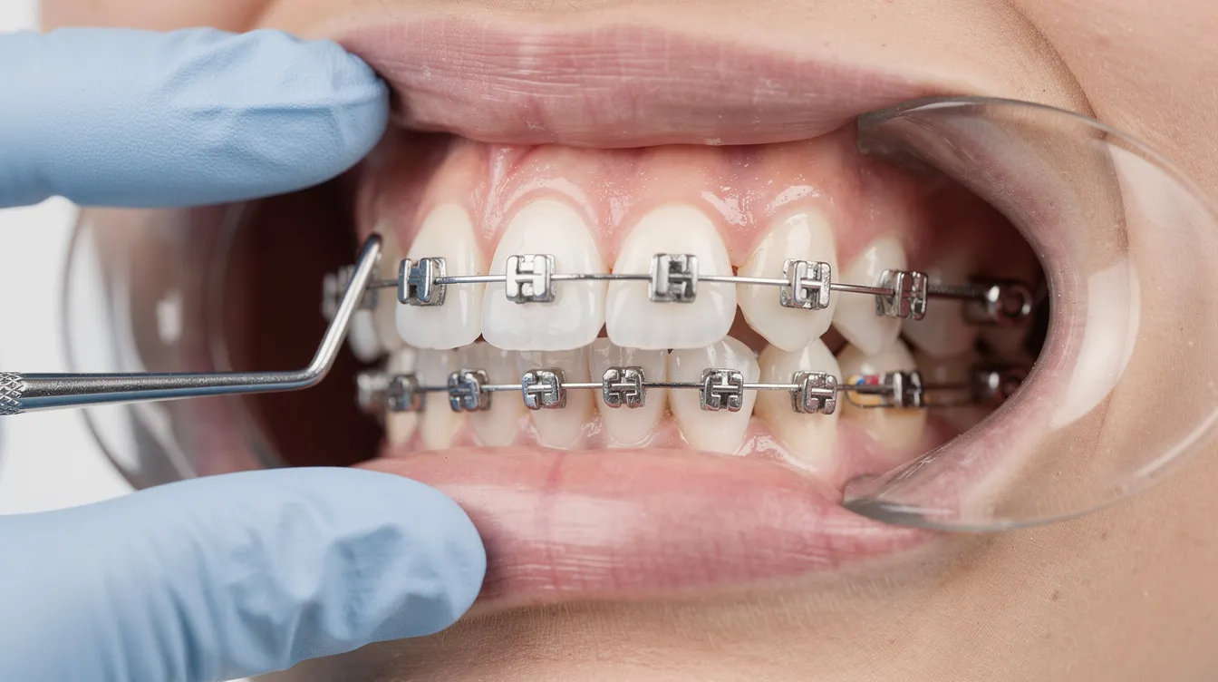 A close-up photograph shows orthodontic braces affixed to teeth during a dental examination, highlighting the intricate details of the braces and the patient's dental structure. This image emphasizes the importance of comprehensive orthodontic treatment and the role of orthodontic care in achieving a healthy smile.