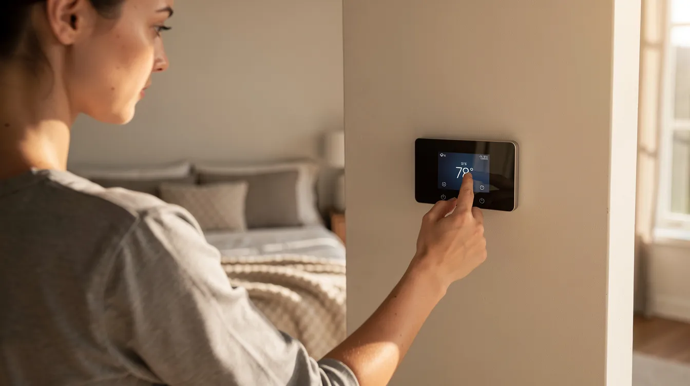 A person is adjusting a smart thermostat mounted on a bedroom wall, aiming to create an optimal bedroom temperature for sleep. This action is crucial for improving sleep quality and maintaining a comfortable sleep environment, which can help individuals fall asleep faster and enjoy a better night&rsquo;s rest.