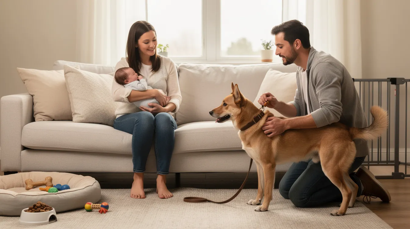The image depicts a serene scene in a baby's room where a gentle dog is curiously sniffing a newborn baby swaddled in a soft blanket, surrounded by colorful baby toys. The atmosphere conveys a sense of calm as the dog's tail wags, illustrating the positive association between the new family member and the pet during their first few weeks together.
