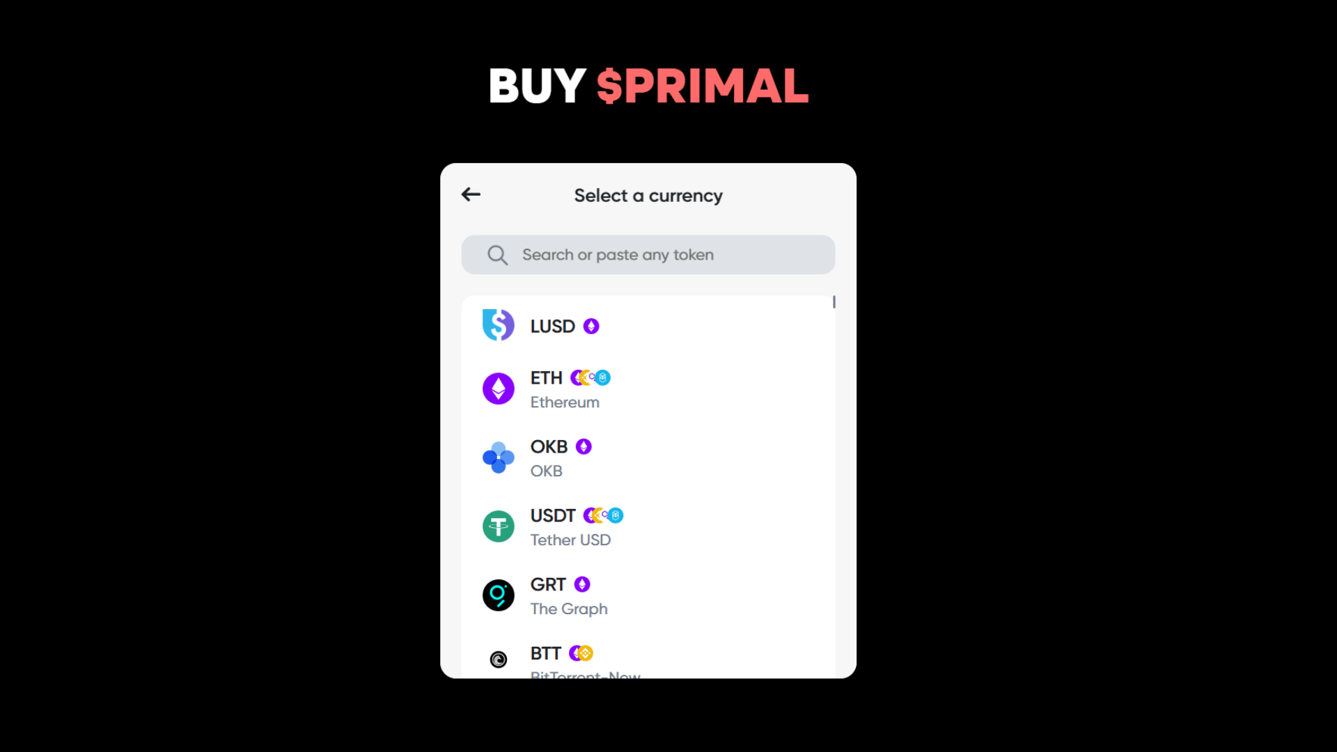 Choosing tokens to trade PRIMAL with directly on the PRIMAL website through Orion Swap Widget.