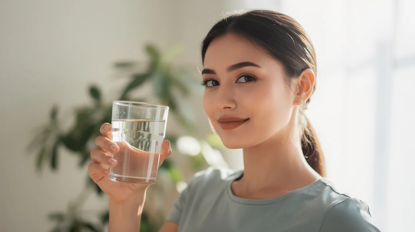 Eine Frau hält ein Glas Wasser in der Hand, vor einem hellen Hintergrund mit grünen Pflanzen. Diese Szene könnte auf die Wichtigkeit von Hydration und Gesundheit hinweisen, was auch für das Gleichgewicht der vaginalen Flora und die Intimhygiene von Bedeutung ist.