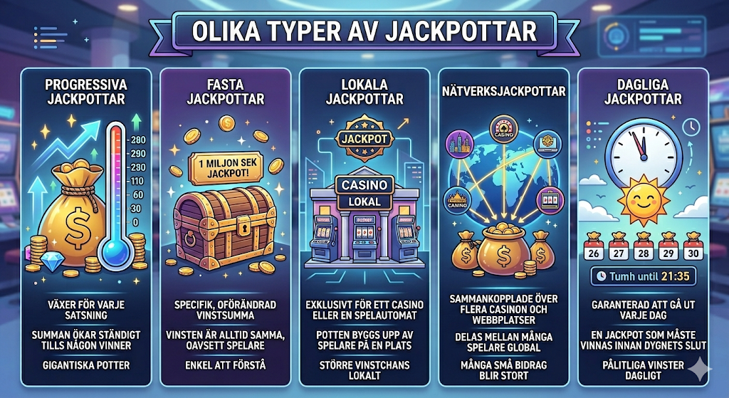 Olika typer av jackpottar hos casino som progressiva, fasta och dagliga med mer vinster nästa gång
