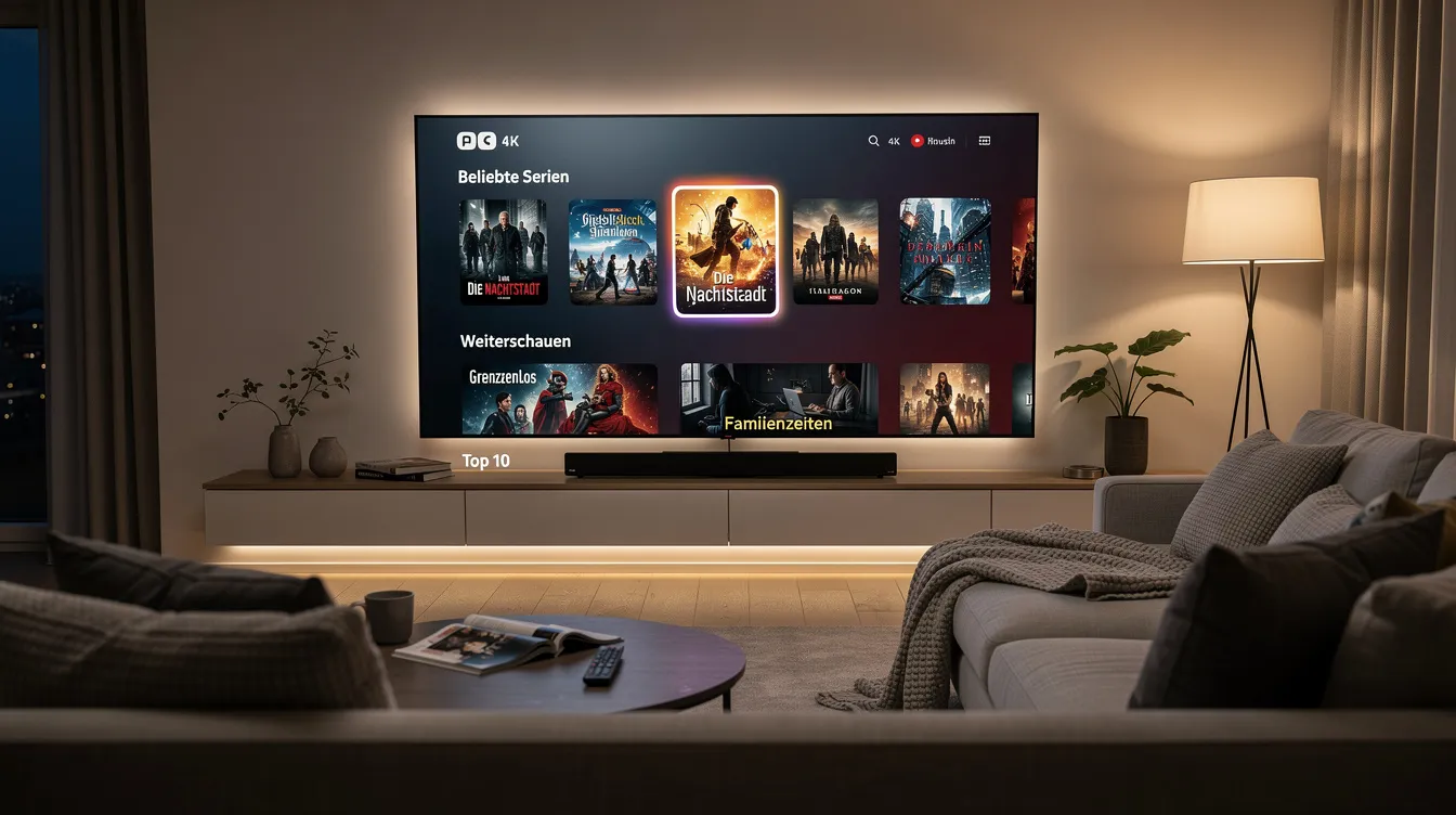Das Bild zeigt ein modernes Streaming-Interface auf einem großen Bildschirm in einem stilvoll eingerichteten Wohnzimmer, das mehrere Kacheln von verschiedenen Serien wie "Breaking Bad" und "The Sopranos" präsentiert. Die Kacheln laden die Zuschauer ein, die spannenden Storylines und Charakterentwicklungen der beliebtesten Fernsehdramen zu entdecken.