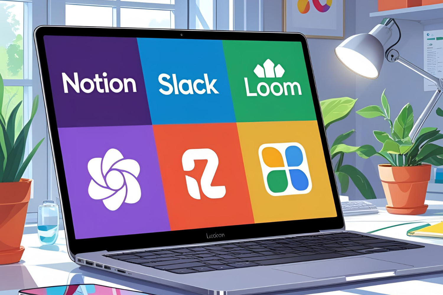 Logos of tools like Notion, Slack, Loom, and Google Sheets shown on a screen.