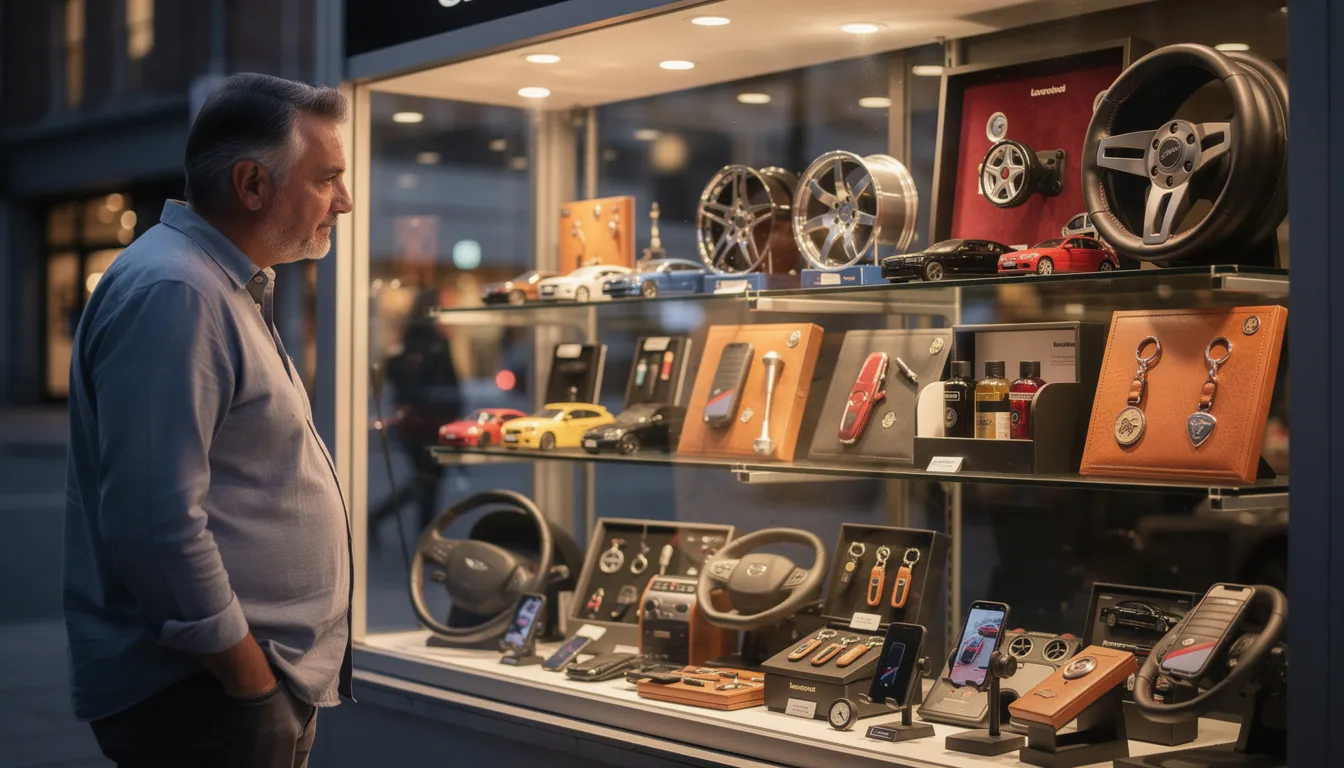 Ein Mann steht vor einer Auslage und betrachtet verschiedene Autogeschenke, darunter Gutscheine für Erlebnisse wie Quad-Touren und E-Kart-Rennen. Die Auswahl an Geschenkideen richtet sich an Autoliebhaber und Männer, die nach besonderen Geschenken suchen, um Fahrspaß und Abenteuer zu erleben.
