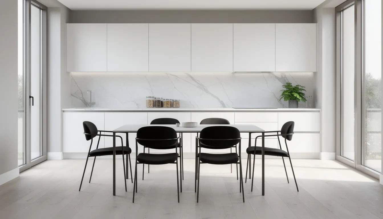 Een lichte keuken met een marmerlook wandpaneel dat een luxe uitstraling biedt, omringd door zwarte designstoelen. Deze stijlvolle ruimte is perfect voor een moderne en onderhoudsvriendelijke wandbekleding, ideaal voor een snelle renovatie.