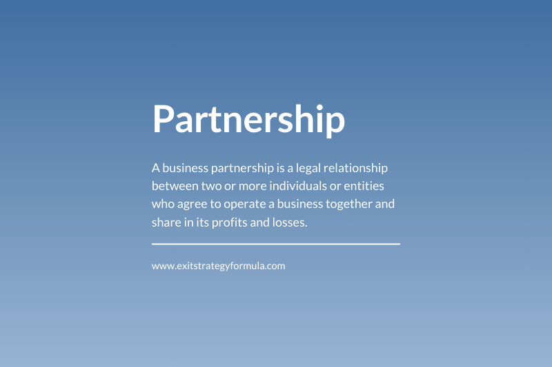 Definition of business partnership explaining legal relationship, shared operation, and profit/loss sharing on blue background