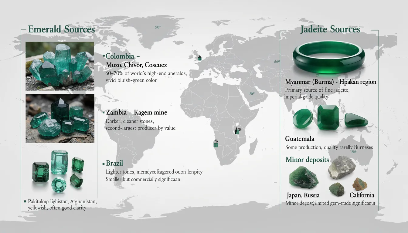 The image showcases various sources of emerald and jadeite gemstones, highlighting the vibrant green hues of Colombian emeralds, the darker tones of Zambian emeralds, and the fine quality of Burmese jadeite. It illustrates the distinctions between these iconic green gemstones, emphasizing their cultural significance and rich history in the gem trade.