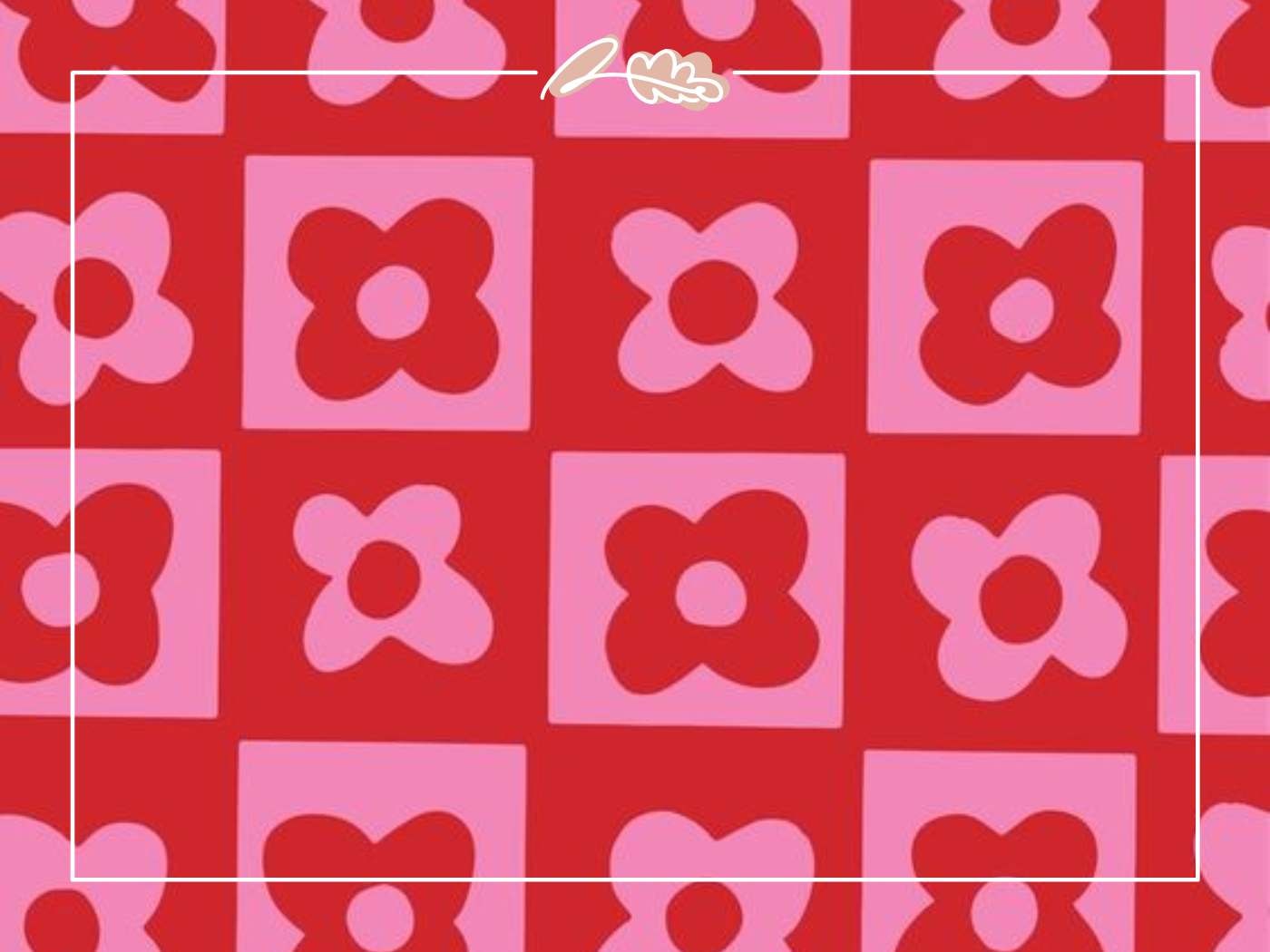 Bold red and pink floral pattern with abstract flowers and squares, creating a vibrant decorative background.